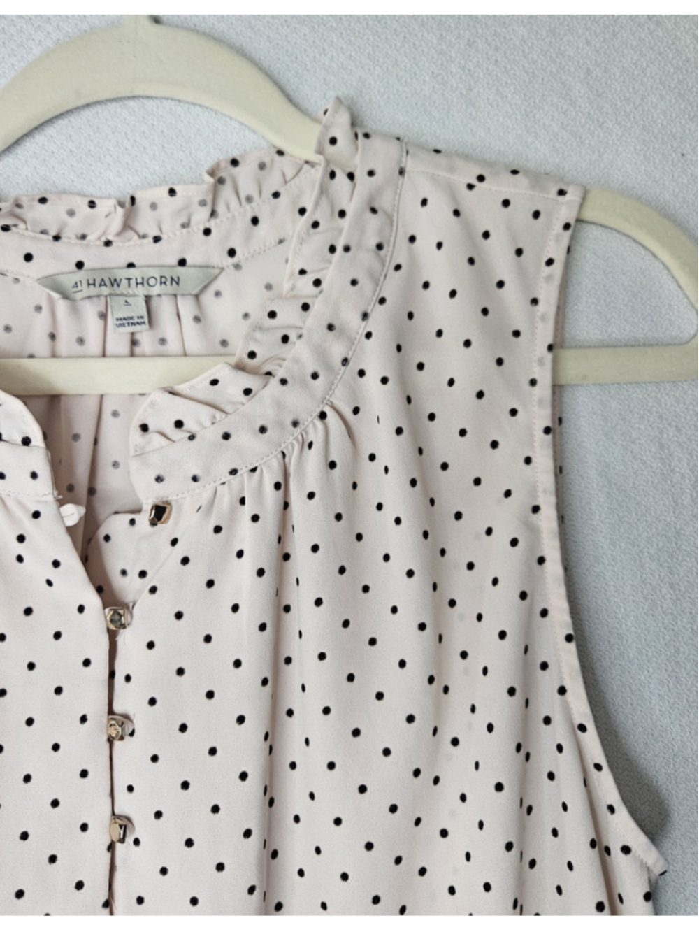 41 Hawthorne Polka Dot sleeveless Ruffle Blouse Blush/Black Sz L - Picture 3 of 5